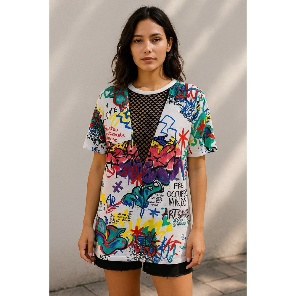 Vtg‎ Forever 21 Top Womens S Graffiti Art Mesh Indie Sleaze Streetwear Grunge